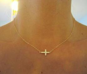 Small Sideways Cross Necklace, Gold Cross Necklace