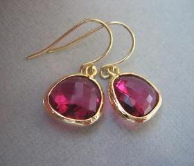 Ruby, Fuschia Earrings, Glass, Gold Earrings, Hot pink earrings
