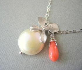 Charm Necklace, Silver Orchid, Coin Pearl, and Coral Necklace
