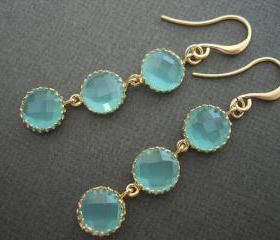  Aqua Circle Drops, Aqua and Gold Earrings