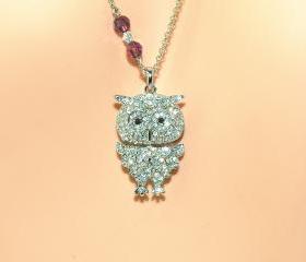 Owl Necklace - SIlver Plated Owl Pendant - Rhinestone Owl Necklace with Swarovski Crystals