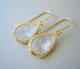Clear Glass Gold Trimmed Teardrop Earrings