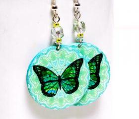 Butterfly Earrings - Blue and Mint Pastel palette - Medium size 3cm Ø - double faced