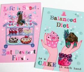 Pack of 2 A6 Postcard Prints 'Eat Dessert First' & 'Balanced Diet'