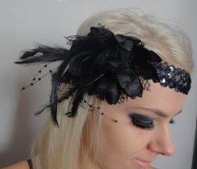 1920s black feather flapper headband races 