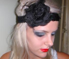 1920s black rose flapper headband