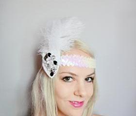 1920s Beaded and Tulle Feather White Headband