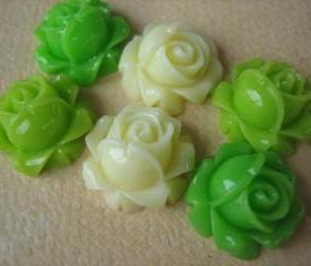 6PCS - Cabbage Rose Flower Cabochons - 15mm - Resin - Green, Apple Green and Ivory - Findings by ZARDENIA