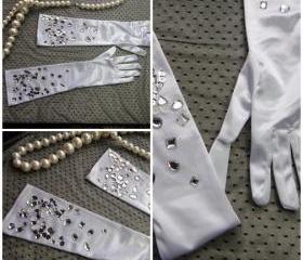 White and Silver Gemstone Elbow Gloves