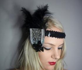 1920s black stripe feather flapper headband