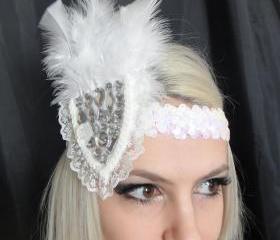 White Lace Feather and Gemstone 1920s Headband