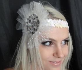 1920s White Headband with Tulle & Gemstones