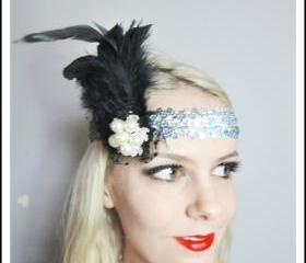 1920s black feather silver flapper headband races