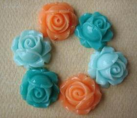 6PCS - Cabbage Rose Flower Cabochons - 15mm - Resin - Aqua, Turquoise and Pale Peach - Findings by ZARDENIA