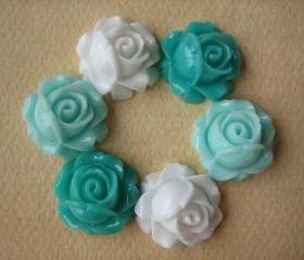 6PCS - Cabbage Rose Flower Cabochons - 15mm - Resin - Aqua, Turquoise and White - Findings by ZARDENIA
