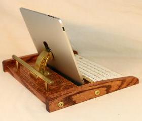 iPad Workstation - Keyboard - Tablet Dock - Steampunk V1- Oak - iPad, IPhone, Tablet Bluetooth Keyboard Computer Desktop Workstation