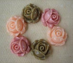6PCS - Cabbage Rose Flower Cabochons - 15mm - Resin - Latte, Salmon and Mauve - Findings by ZARDENIA