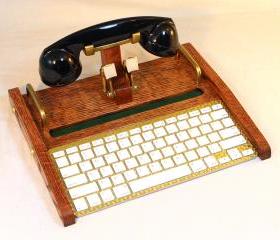 iPad Retro Headset Workstation - Tablet Dock -Phone- Keyboard -Oak- iPad, IPhone, Tablet Bluetooth Keyboard Headset Computer Desktop