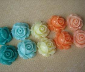 10PCS - Cabbage Rose Flower Cabochons - 15mm - Resin - Mixed Pastels - Findings by ZARDENIA