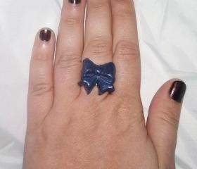 Blue Bow Polymer Clay Adjustable Ring