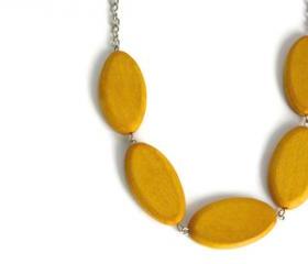 Chunky Wood Necklace in Mustard Yellow. Trendy Color, Big Oval Wood Beads
