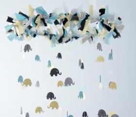 Blue Elephant Mobile for Baby Nursery in Blue Gray Yellow