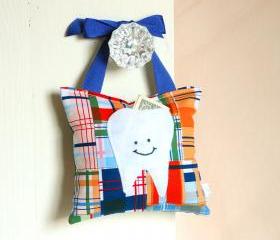 Boys Tooth Fairy Pillow in Navy Blue and Tangerine Orange Nautical Madras Print