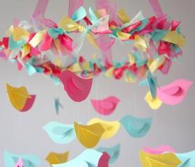 Bird Mobile - Pink, Yellow, Aqua for Baby Nursery Decor