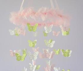 Nursery Mobile- Pink, Green, & White Butterfly Mobile, Baby Shower Gift, Photographer Prop