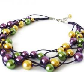 Multistrand Necklace with Glass Pearls on Waxed Cotton Cord. Very Chunky. Purple, Yellow and Green. Perfect Spring Fashion!