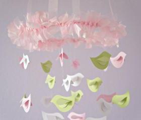 Baby Shower Nursery Mobile- Bird Mobile Nursrey Decor in Pink, Green & White