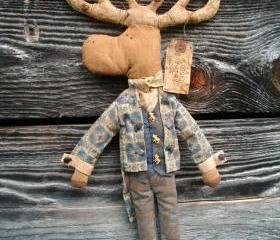 Primitive Moose Doll - Wall Hanging or Shelf Sitter - Blue Victorian Swallowtail Jacket