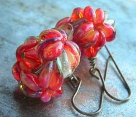 Glass Flower earrings, handmade artist lampwork beads fuchsia red and blue water opal crystals oxidized solid brass floral earrings