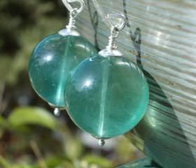 Huge natural fluorite gemstone earrings seafoam aquatic blue green genuine stone handforged hammered sterling silver ocean pond sea foam