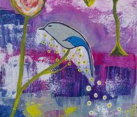 ORIGINAL, Linked Souls, bird and tree painting mixed media acrylic modern painting drawing mother and child flower leaf purple pink green