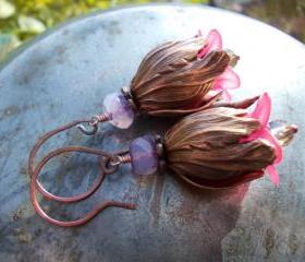 Copper tulip earrings, Long Romantic Bell Flower Earrings, Beaded lavender purple and fuchsia pink chic vintage style