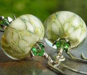 Jonquil on Snow, handmade artist lampwork beads earrings, Peridot Swarovski crystals, handforged hammered sterling silver, green white
