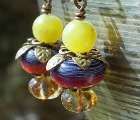 Exotic Berries earrings, olive jade handmade artist lampwork beads Czech glass antiqued brass fruit jungle leaves
