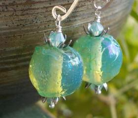 Pacific Waters, silver blue green ethereal earrings artist lampwork glass beads aqua ocean sea mermaid jewels