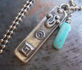 Mezuzah charm necklace, antiqued silver Judaica pendant with turquoise stone, unisex Jewish symbol amulet talisman