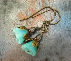 The Cutest Baby Blue Flower Earrings, Czech glass, fire polished beads, antiqued brass and copper petals, delicate floral earrings