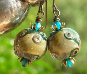 Caribbean Blue earrings with antiqued brass deep ocean waves and reef artist lampwork beads crystals and brass earrings