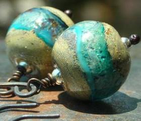 Earrings copper and turquoise glass Cascade handmade artist lampwork beads on handforged oxidized copper river rocks water blue earrings 