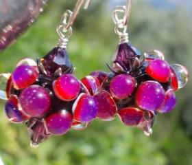 Bubblegum, Glass earrings, artist lampwork beads ruby fuchsia pink purple black and amethyst crystals sterling silver floral cottage chic