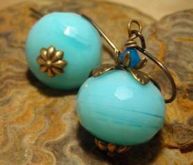 Larimar Blue Earrings, quartz and brass earrings, aquamarine blue quartz Sky Blue Caribbean blue pumpkins