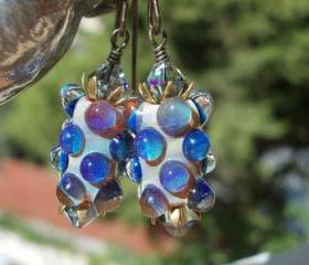 Mulberries, Glass earrings, handmade artist lampwork beads purple blue and crystals oxidized solid brass floral cottage chic