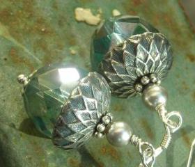 Sea Acorns, ocean color Czech glass, antiqued silver beadcaps, nature inspired sterling silver earrings