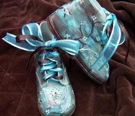 Toddler Shoes Leather Turquoise Brown Painted