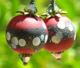 Cherry Earrings, handmade artist lampwork beads wine red black oxidized sterling silver, earrings, berry fruit, brass petals, crystals