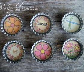 Bottle Cap Magnets - Flowers, Spring, Summer, Dragonfly, Set of 6